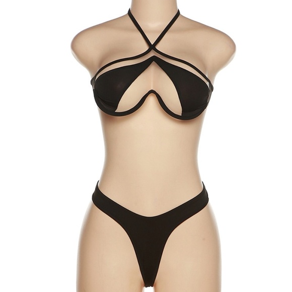 NEW! Black sexy mesh cut out 2 piece bikini set; top & bottom see through mesh - Picture 11 of 16